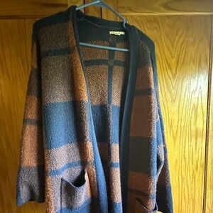 American Eagle Plaid Navy Blue  Open Cardigan Sweater Pockets Brown Oversized